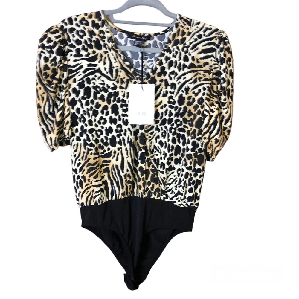 A Love Story Gia Faux Wrap Leopard Print Puff Sleeve Bodysuit Black Brown medium
